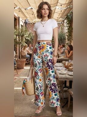 LA DoubleJ Saturday Night Multicolor Floral Flare Pants, size 28